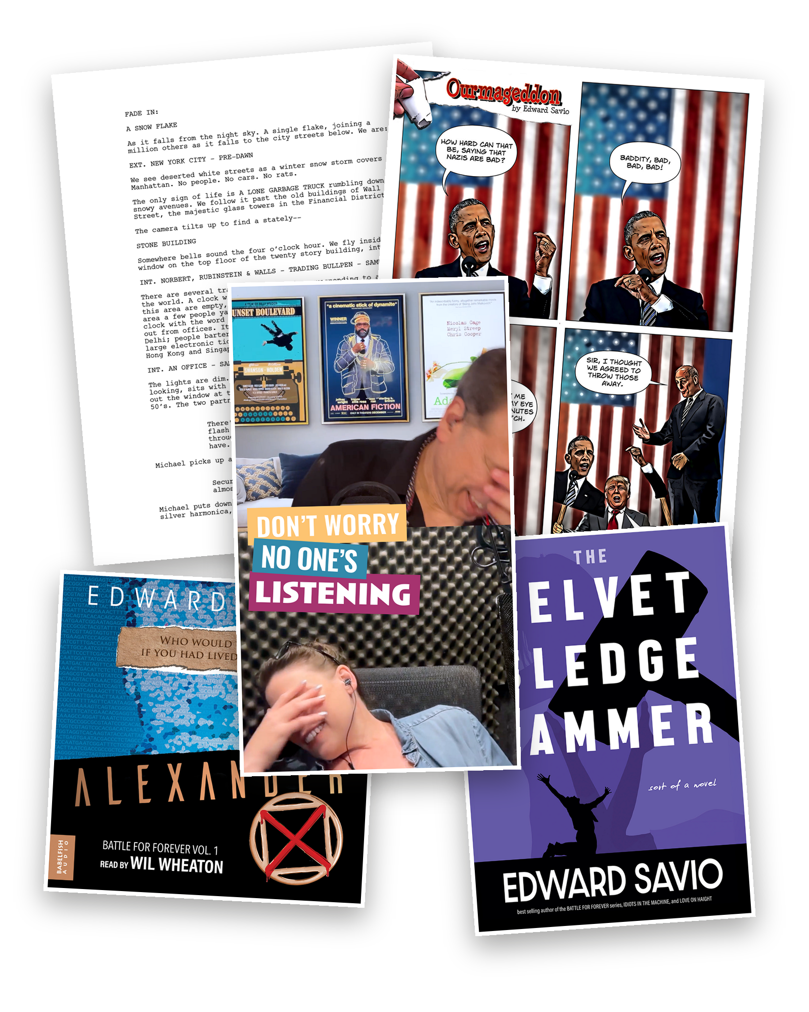 Books, a podcast still, a script page and a comic panel by Edward Savio